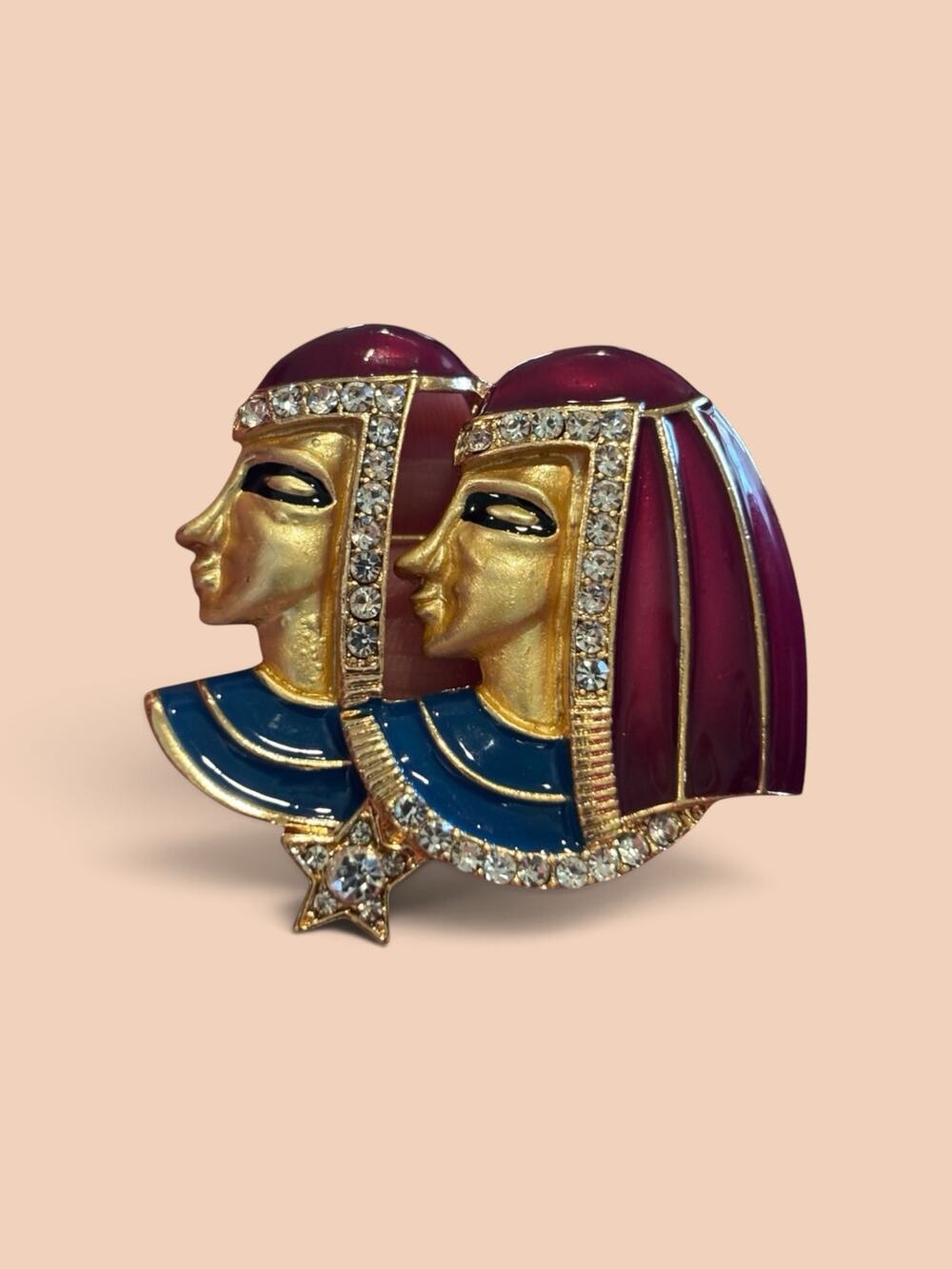 Egyptian Revival Cleopatra Brooch Rhinestone Enamel Gold Tone Statement